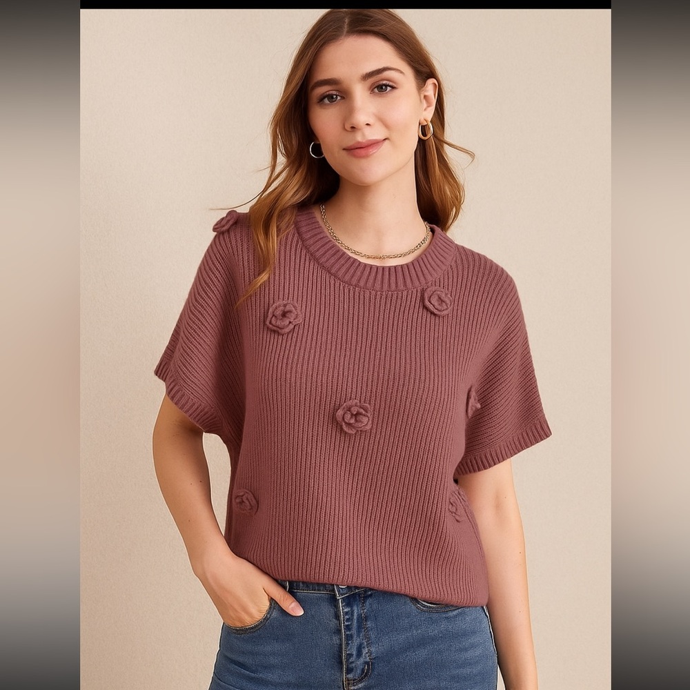 NIB Brown Knit Sweater with Floral Accents PLUS SZ 2X (16) Raglan sleeves NEW - Picture 2 of 9
